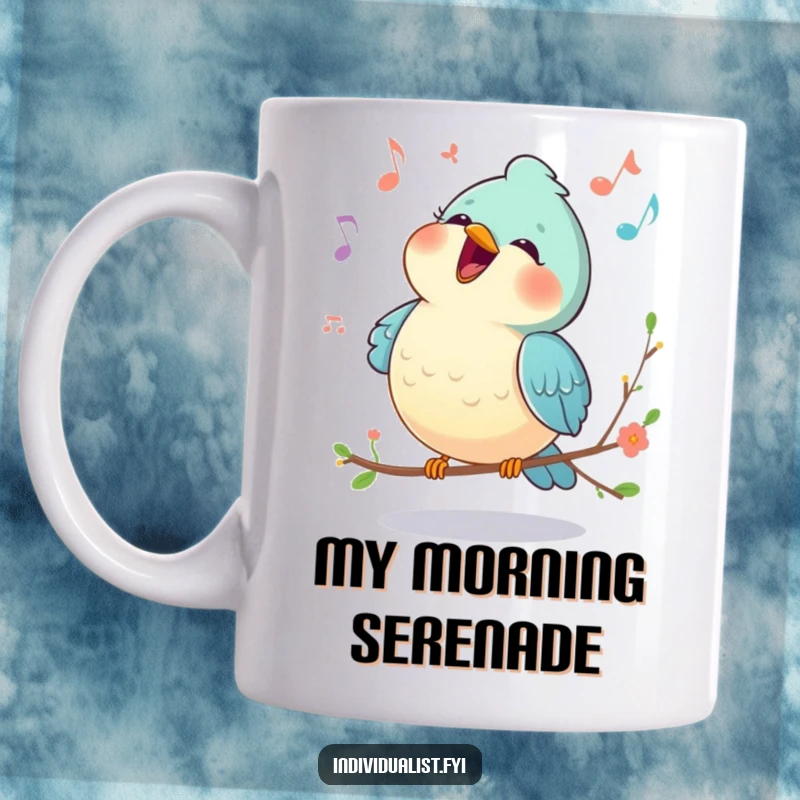 Funny mug with a happy bird singing joyfully, its unique melody visualized, spreading cheer and musical delight.
