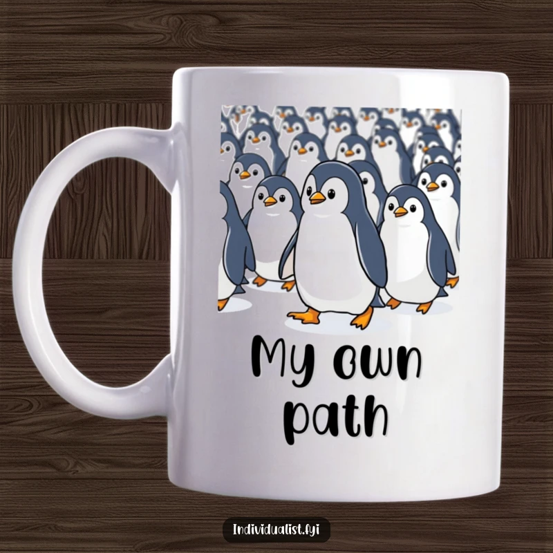 Funny Kawaii penguin heroically walking against a flow of identical penguins, symbolizing unique determination and purpose.