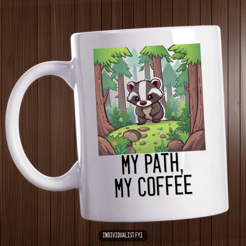 Funny Mug: A determined badger confidently carves its own path through a dense, mysterious forest, embodying resilience and independence.