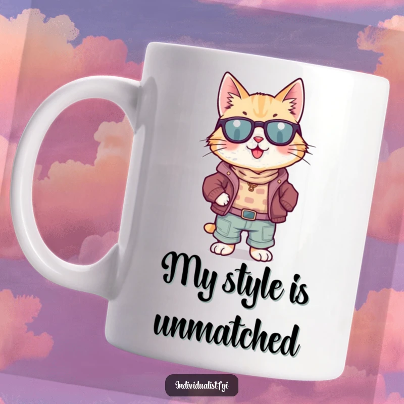 Funny Cat Mug: A happy, confident cat wearing mismatched clothes poses stylishly, radiating humor and personality.