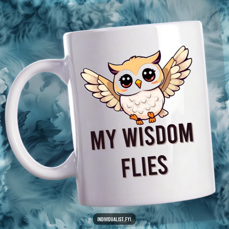 Funny owl soaring mug featuring a happy owl with a distinctive, eye-catching wing pattern, symbolizing freedom and unique style in flight.
