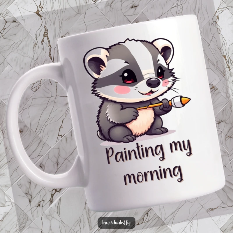 Funny badger splattered with vibrant paint, joyfully experimenting with colors, on a ceramic mug, an artist's muse.