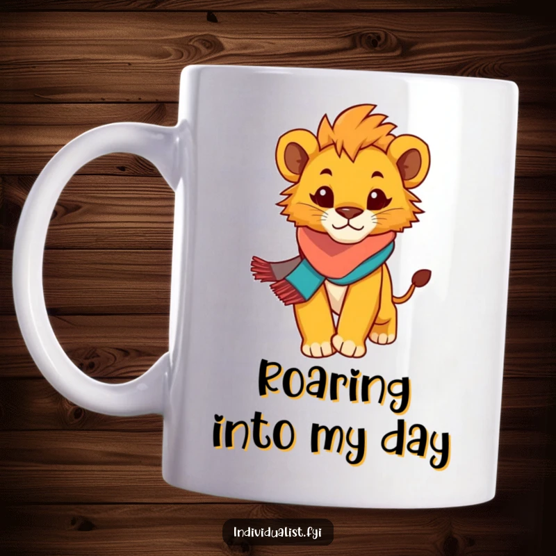 Funny Lion Cub Mug: Determined cub in colorful scarf strides confidently, exuding bravery and humor.