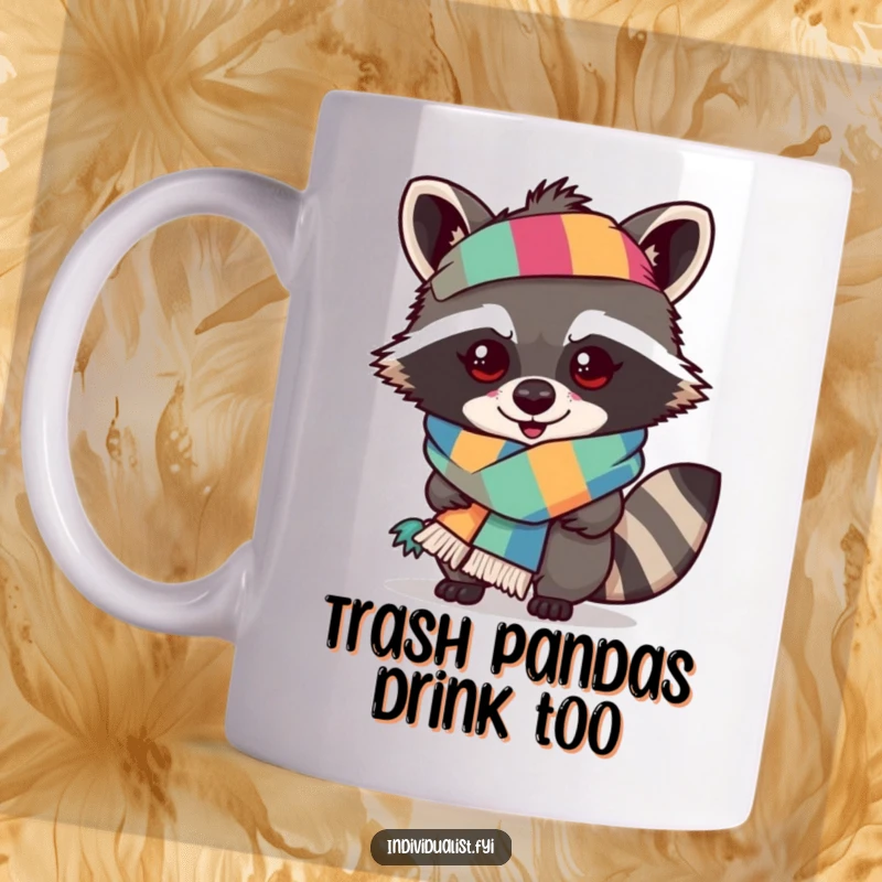 Funny raccoon mug featuring a mischievous raccoon character proudly wearing an outlandish, multi-colored scarf.