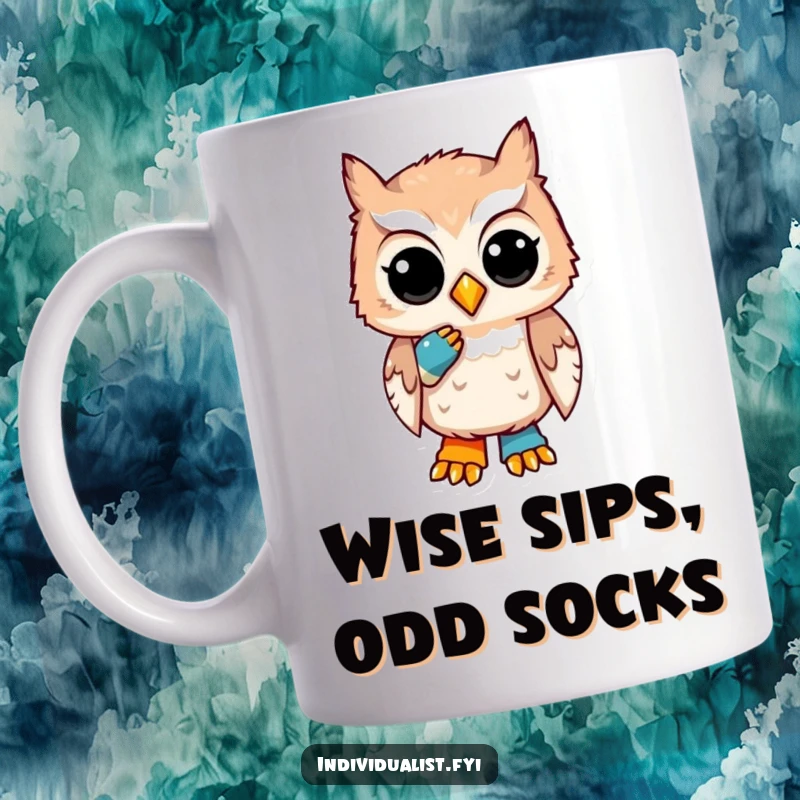 Funny mug of a unique owl with a thoughtful expression, sporting one clearly mismatched sock, pondering life's mysteries.