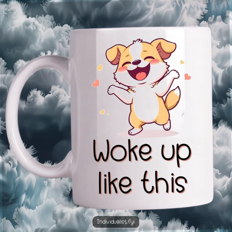 Funny Mug: A happy dog giggles uncontrollably while dancing with wild, uninhibited joy and boundless energy.