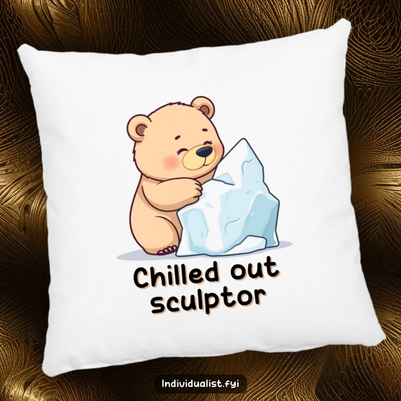 Funny Bear Ice Sculpting Pillow, a determined bear focused on sculpting a unique ice formation, comfortable and artistic.