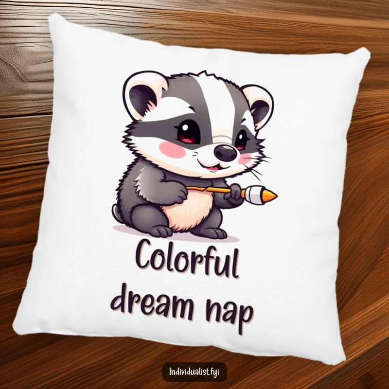 Funny badger covered in vibrant paint, happily experimenting, featured on a plush decorative pillow, adding comfort and artistic flair.
