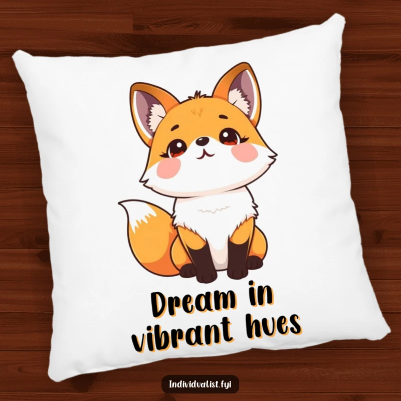 Funny pillow showcasing a happy fox with a vibrant kaleidoscope fur pattern, looking up with a serene expression.