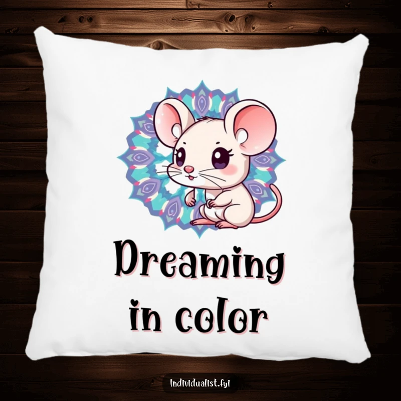Funny Kawaii mouse peeking into a vibrant kaleidoscope filled with distinct patterns on a soft pillow, inviting cozy exploration.