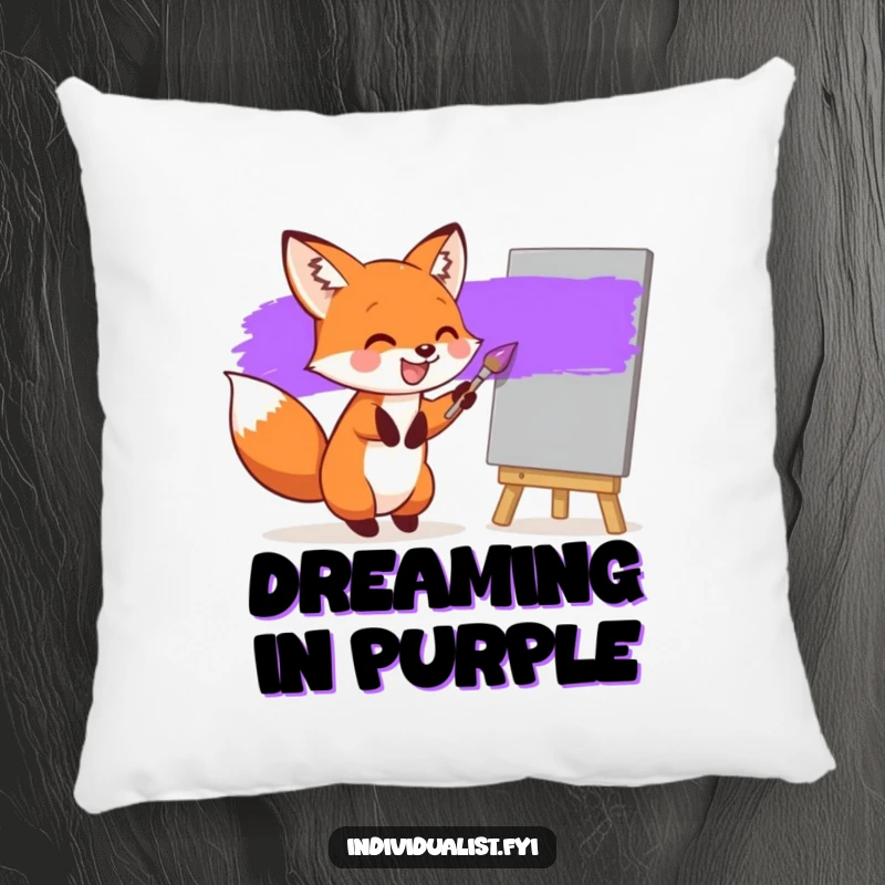Funny pillow featuring a joyful fox painting a purple stripe on a grey canvas, offering comfort with a dose of artistic humor.