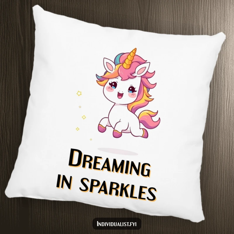 Funny pillow featuring a cheerful creature with a vibrant mane joyfully skipping, trailing sparkles, a soft and humorous decorative accent.