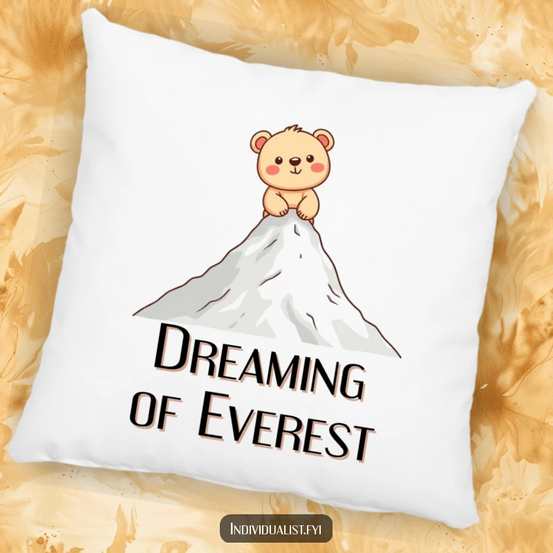 Funny bear cub pillow featuring a smiling cub conquering a small mountain, offering comfort and humor for your space.