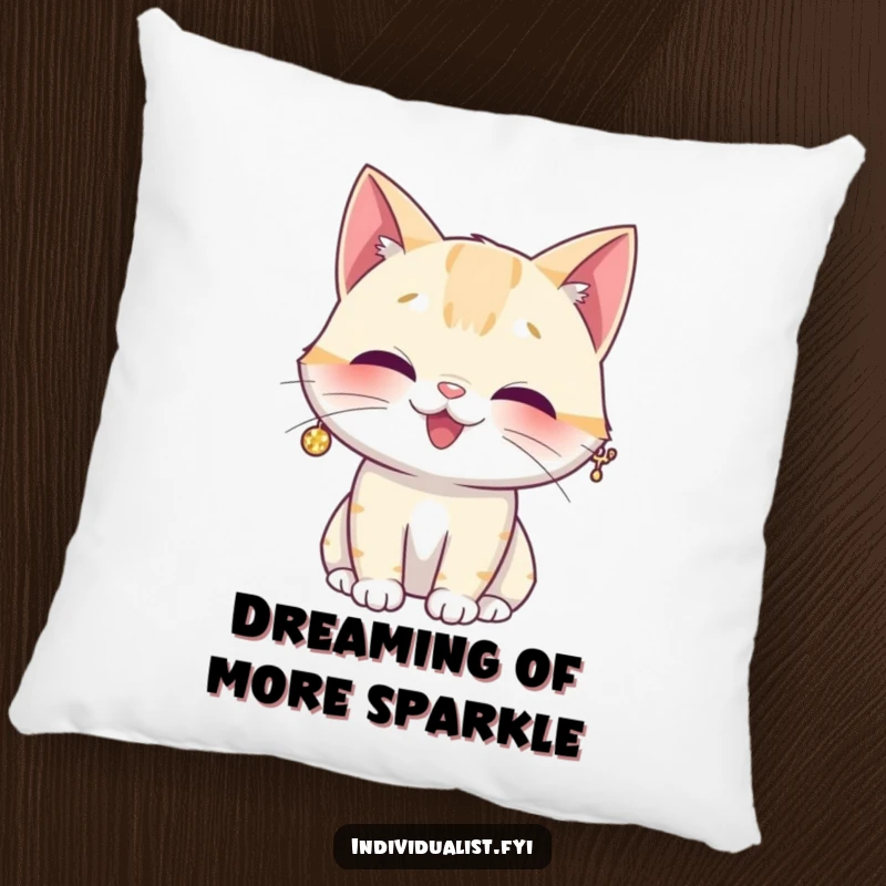 Funny pillow with a giggling cat character wearing a single, large, dazzling sparkly earring, looking exceptionally pleased.