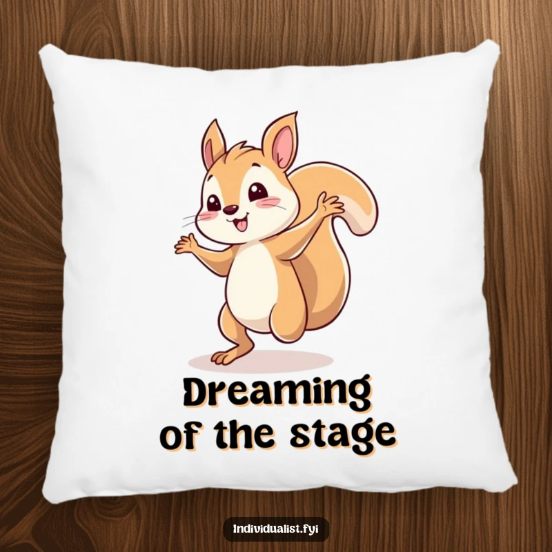 Funny squirrel pillow featuring a whimsical character dancing under a spotlight, bringing joy and humor to any couch or bed.