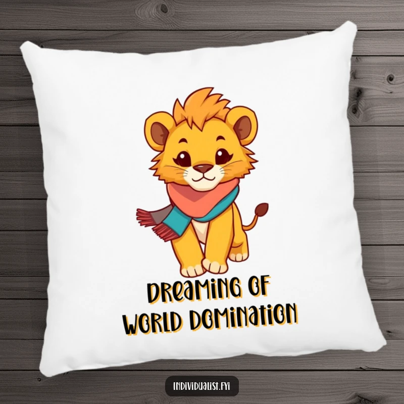 Funny Lion Cub Pillow: Soft cushion featuring a determined cub in a scarf, promoting comfort and humor.