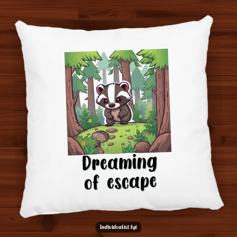 Funny Pillow: A determined badger treks through a dense forest, bringing a sense of adventure and resilience to your decor.