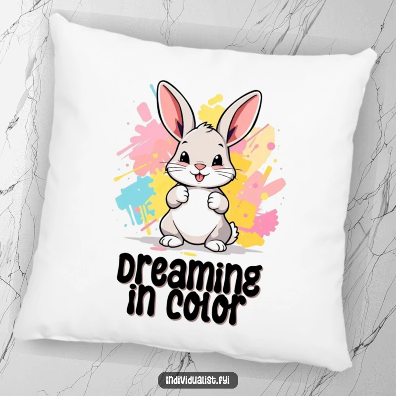 Funny Bunny Pillow: A plush pillow features a playful bunny artist creating a colorful abstract masterpiece.