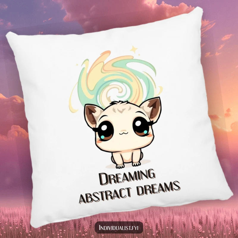 Funny decorative pillow with a curious creature's expressive eyes fixated on a swirling abstract pattern, offering a touch of thoughtful humor.