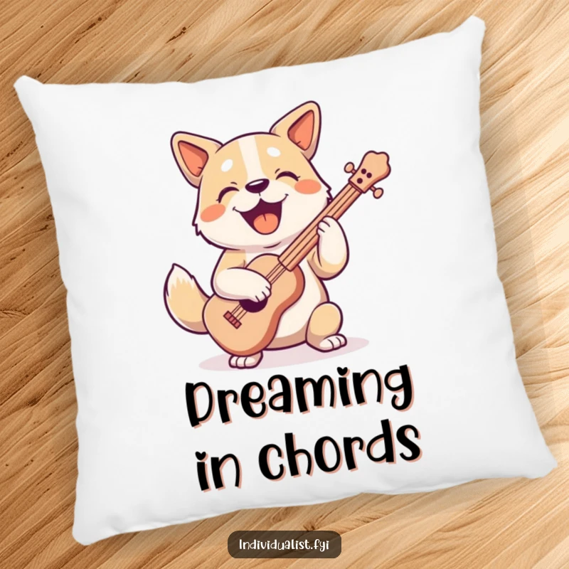Funny joyful dog character playing a peculiar shaped instrument with a happy, engaged expression on this soft pillow.