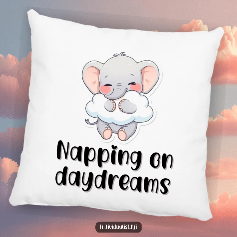 Funny Elephant Pillow: Soft cushion with a smiling elephant embracing a cloud, offering comfort and funny charm.