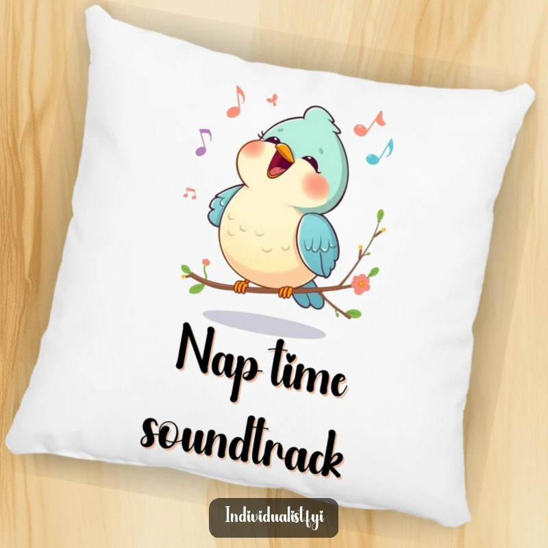 Funny pillow featuring a happy bird mid-song, its unique melody represented visually, bringing cheerful comfort.