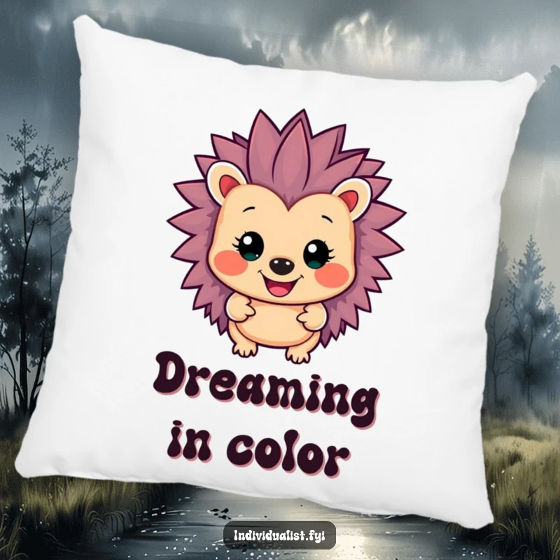 Funny smiling hedgehog with unusually vibrant, multi-colored spiky quills, featured on a soft and decorative pillow.