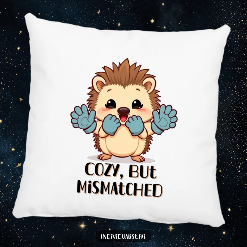 Funny hedgehog pillow with a cheerful character proudly displaying a mismatched pair of gloves, perfect for decor.