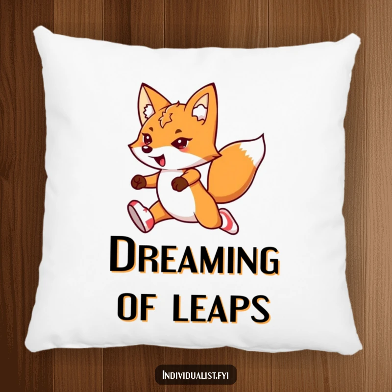 Funny kawaii fox pillow, showing a determined fox in mismatched socks, leaping with flair, offering cozy comfort.