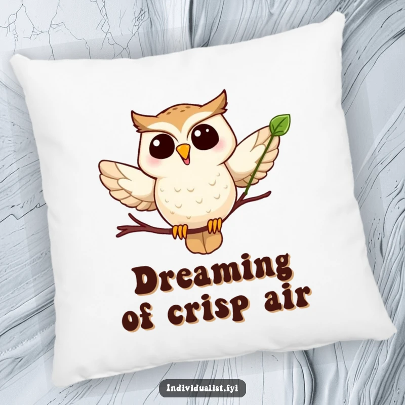 Funny owl leaf pillow featuring a joyful owl mid-flight holding a distinctive leaf, perfect for adding comfort and humor.