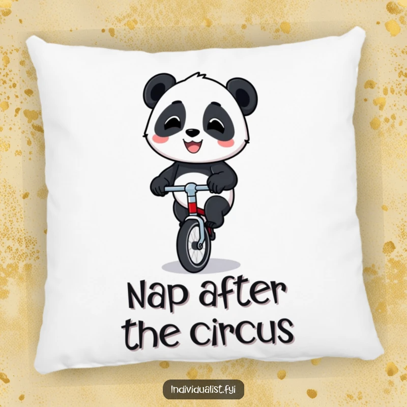 Funny panda unicycle pillow showing a happy panda riding a small unicycle with a proud grin, perfect for cuddles.
