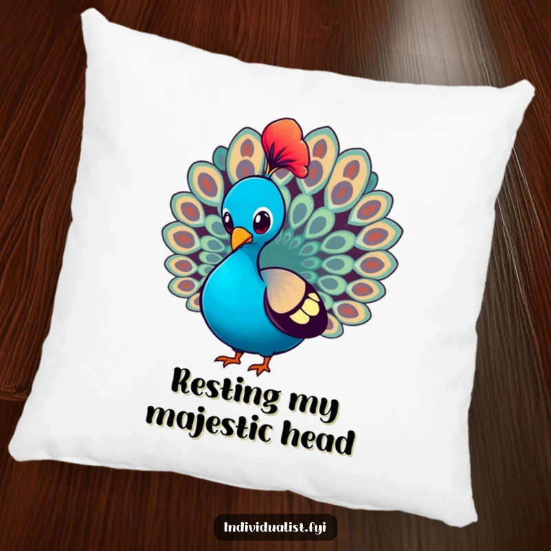 Funny Pillow featuring a peacock proudly strutting and showcasing a single, brightly colored feather, offering cozy elegance.