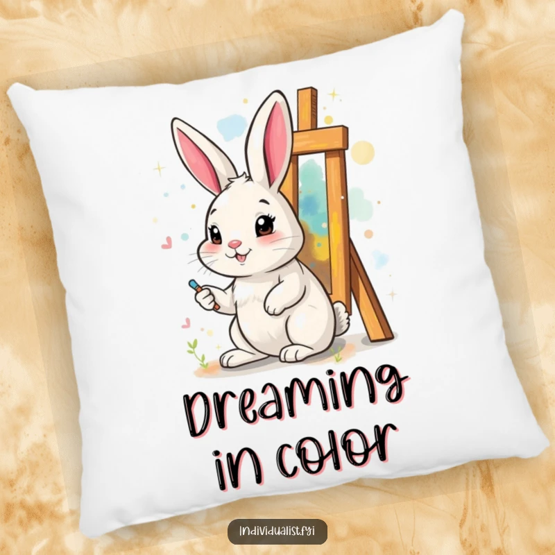 Funny pillow featuring a cheerful rabbit painting a surreal abstract artwork, offering soft humor and artistic comfort.
