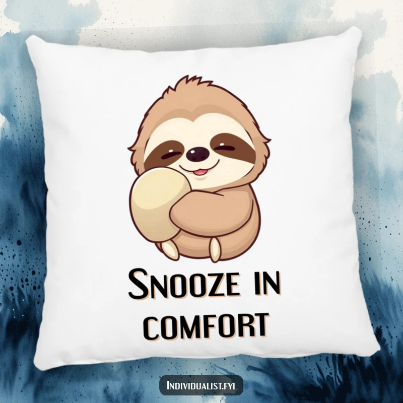 Funny Sloth Pillow showcasing a serenely smiling sloth wearing one enormous glove, offering comfort and a touch of gentle humor.