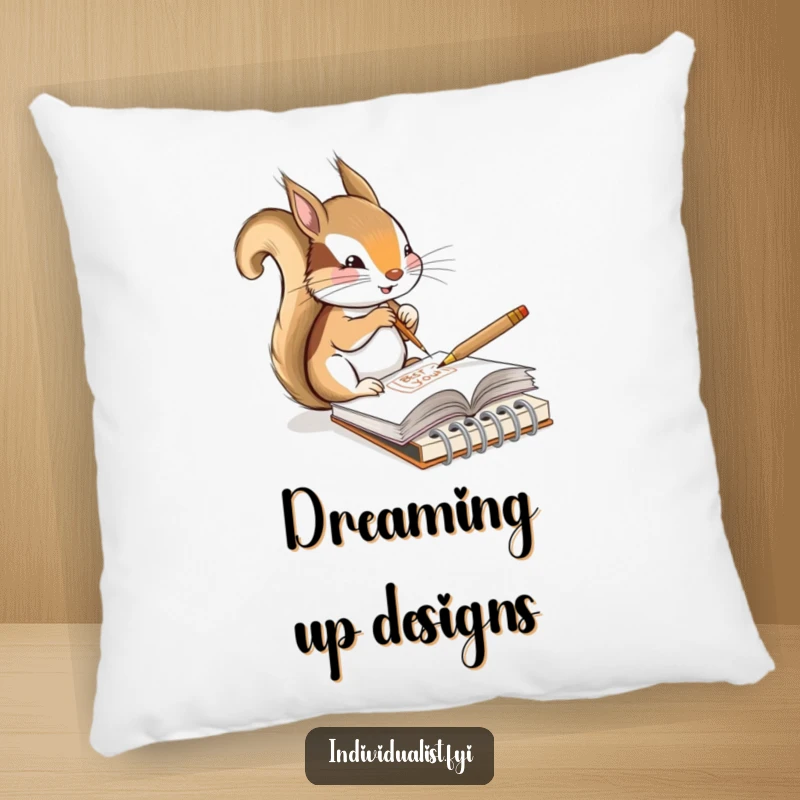 Funny pillow featuring a content squirrel artist sketching a unique design in a tiny notebook, perfect for creative relaxation.