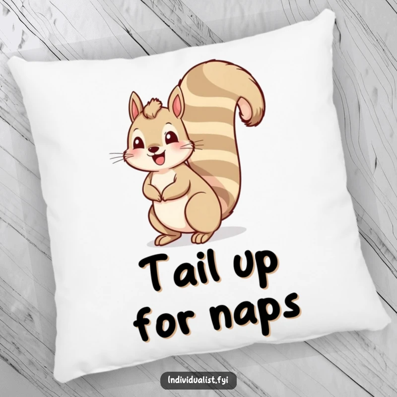 Funny squirrel pillow depicting a cheerful squirrel with an unusually long, striped tail, offering cuddly comfort and humorous decoration.