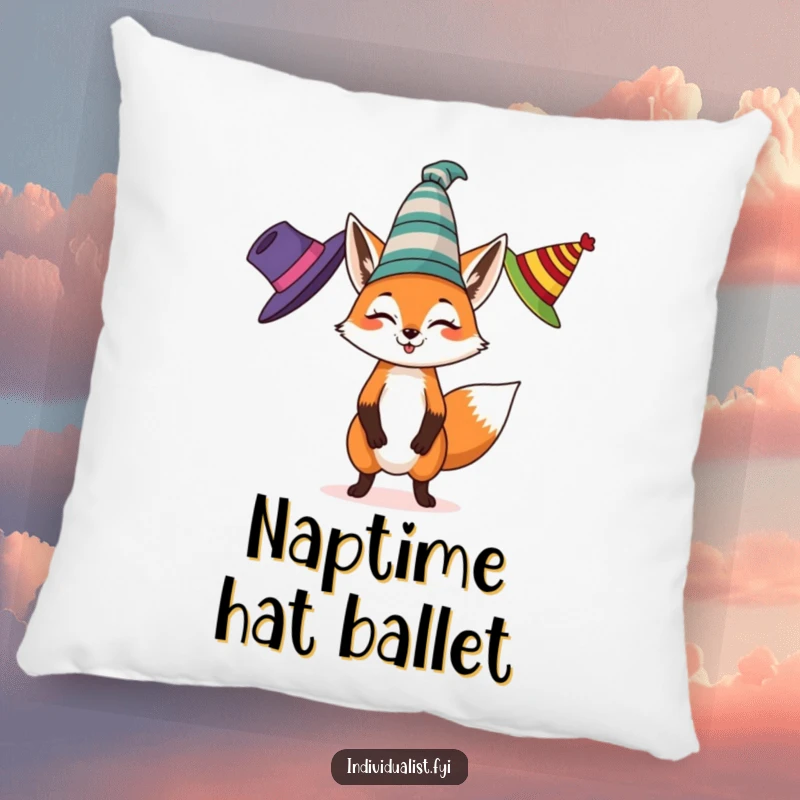 Funny pillow featuring a spirited fox juggling three different colored, eccentric hats, perfect for adding a touch of whimsy to seating.