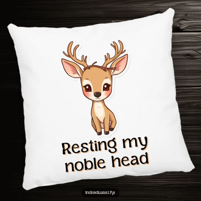 Funny pillow featuring a curious deer with an asymmetrical crown of twigs, adding a touch of forest magic.