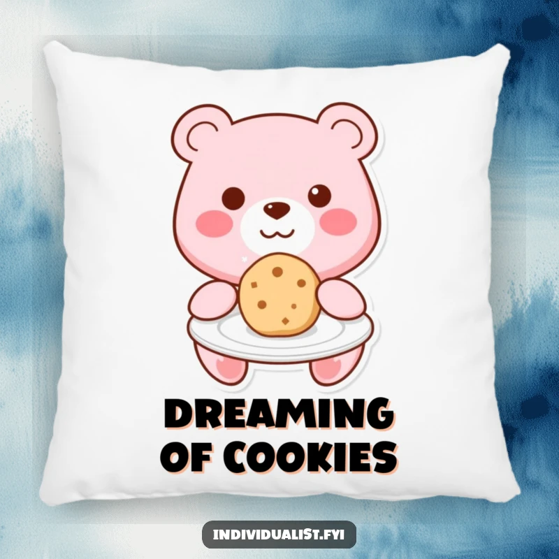 Funny Kawaii bear smiling and offering a unique cookie on a plate, designed on a plush and soft pillow.