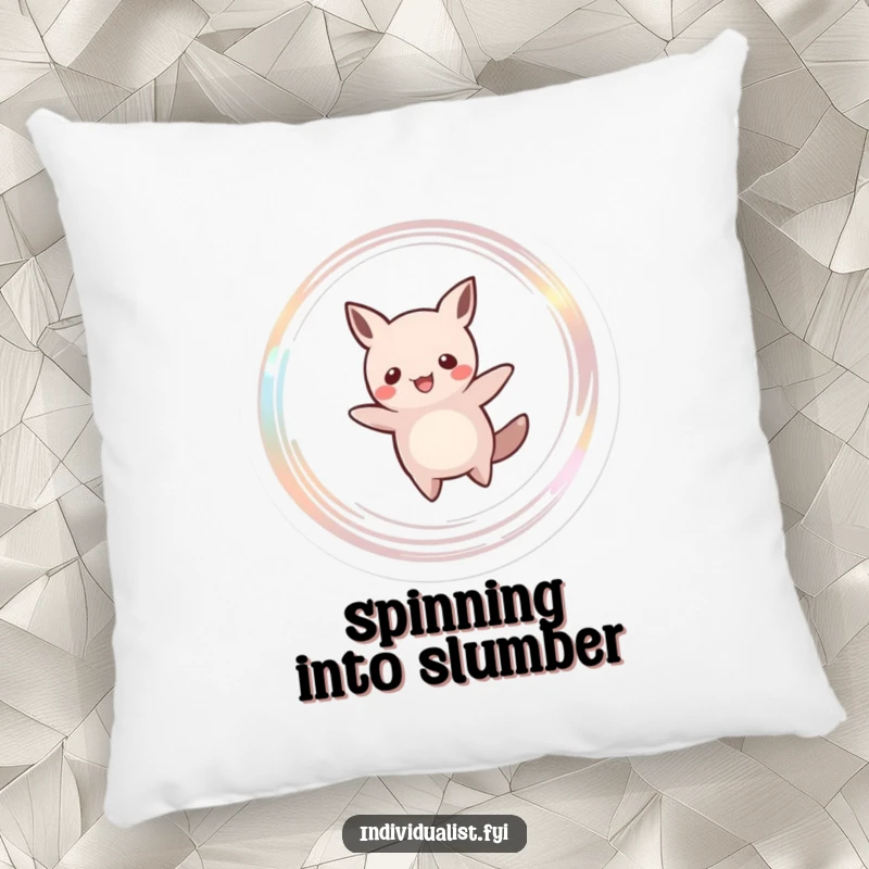 Funny pillow featuring a cartoony creature with a unique silhouette happily spinning and emitting a sparkling, magical trail. Soft and hilarious.