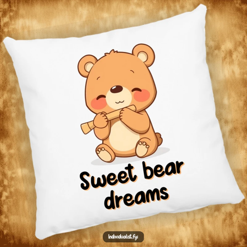 Funny pillow featuring a happy bear cub playing a tiny flute, symbolizing comfort and sweet melodies.