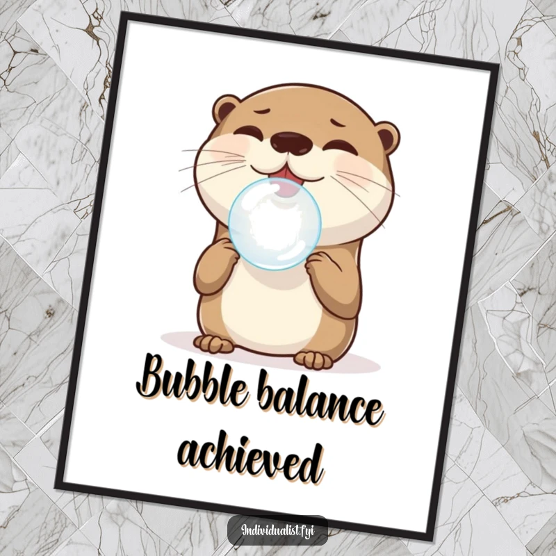 Funny Otter Digital Art Print: A joyful otter balances a single, perfectly round bubble on its nose, perfect for adding whimsical and humorous decor, a funny gift.