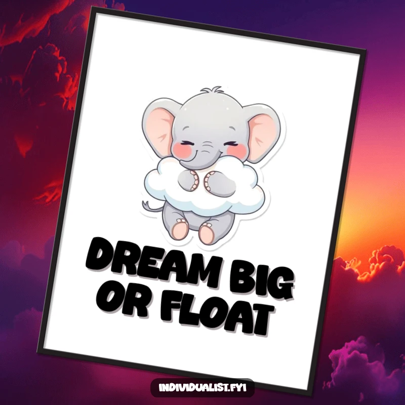 Funny Elephant Digital Art Print: Playful elephant smiling, embracing a cloud, radiating happiness and funny charm.