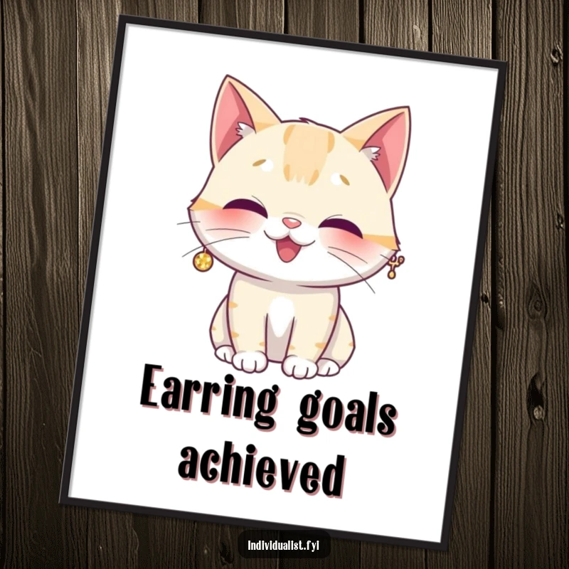 Funny digital art print of a giggling cat with a big, sparkly earring, radiating happiness and unique style.