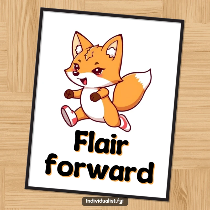 Funny kawaii fox digital art print, showcasing a determined fox in mismatched socks, leaping with vibrant flair.