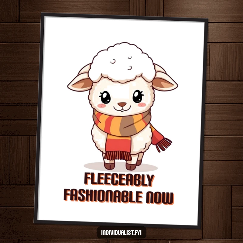 Funny digital art print of a fluffy sheep wearing a stylish, quirky scarf, full of whimsical fashion.