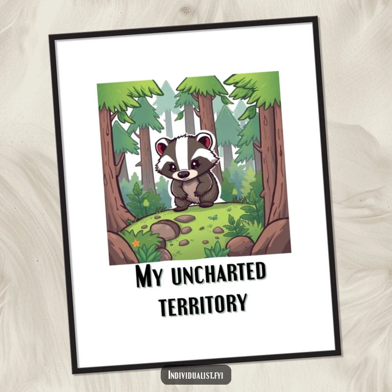 Funny Digital Art: A determined badger carves its own path through a dense forest, symbolizing resilience and the call of adventure.