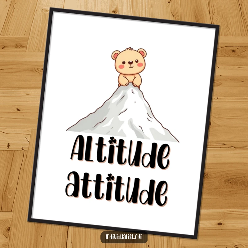 Funny bear cub climbing digital art print of a happy cub ascending a tiny mountain, ideal for printable wall decor.