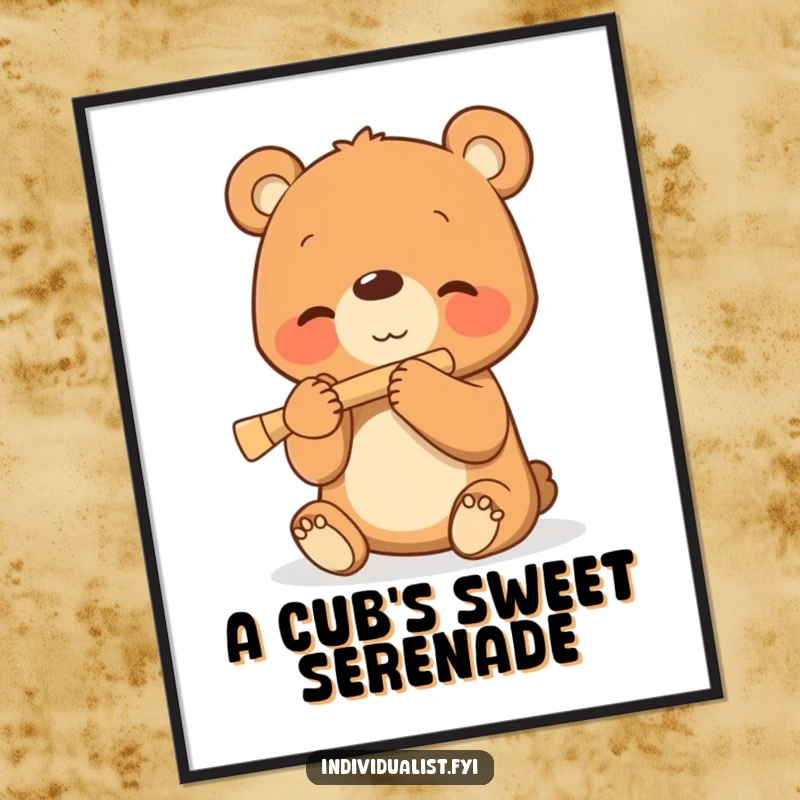 Funny digital art print of a smiling bear cub happily playing a tiny flute, evoking pure musical bliss.