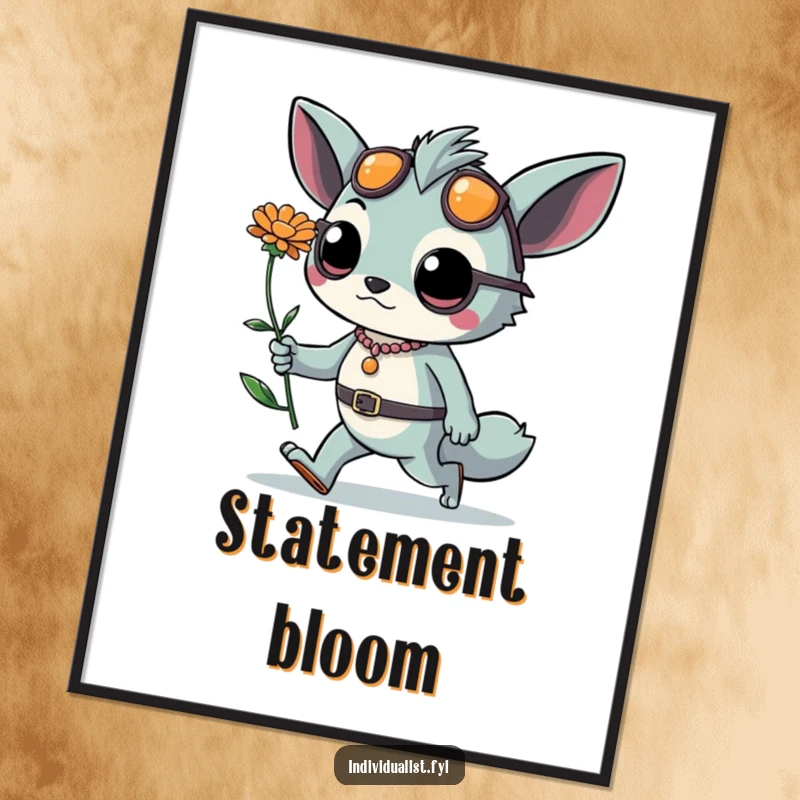 Funny digital art print of a confident creature with daring accessories and an exotic flower, striding with ultimate style. Bold and beautiful art.